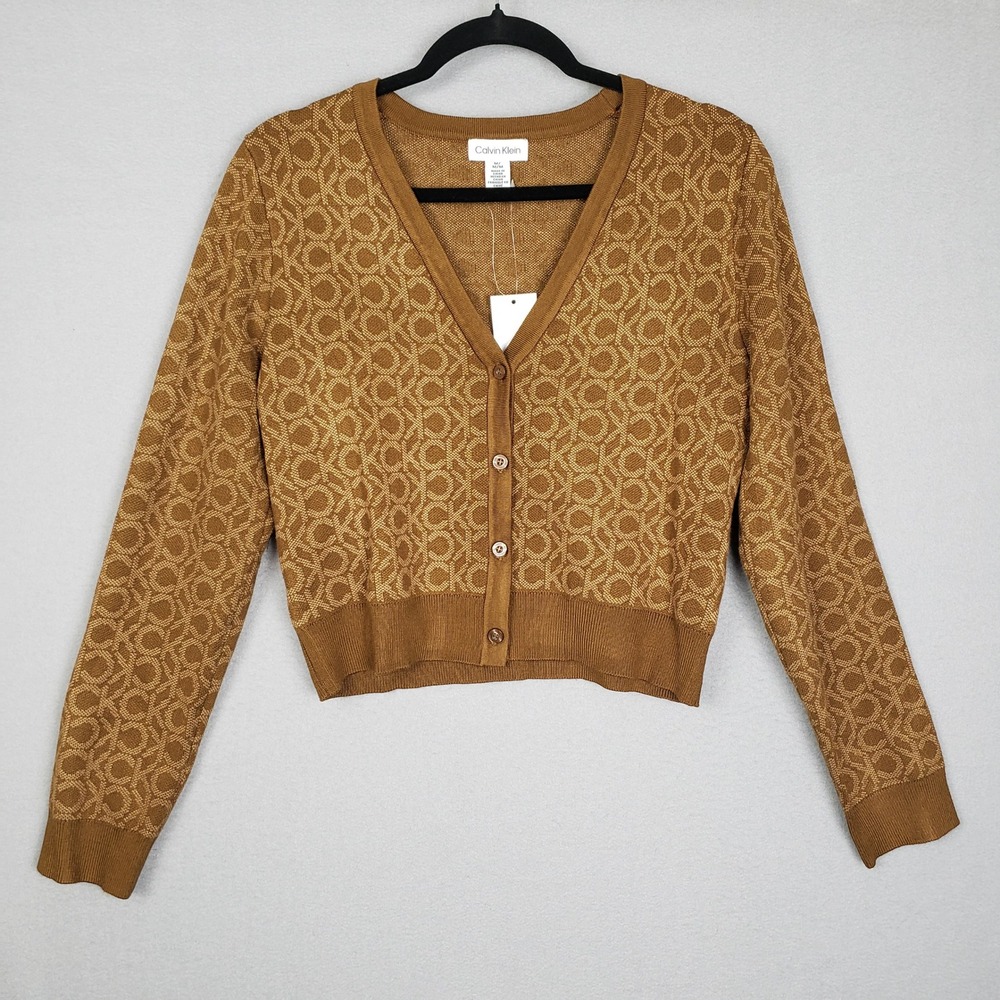Calvin Klein Women's Size M Cardigan Sweater Brown CK Logo Print Monogram‎ NWT